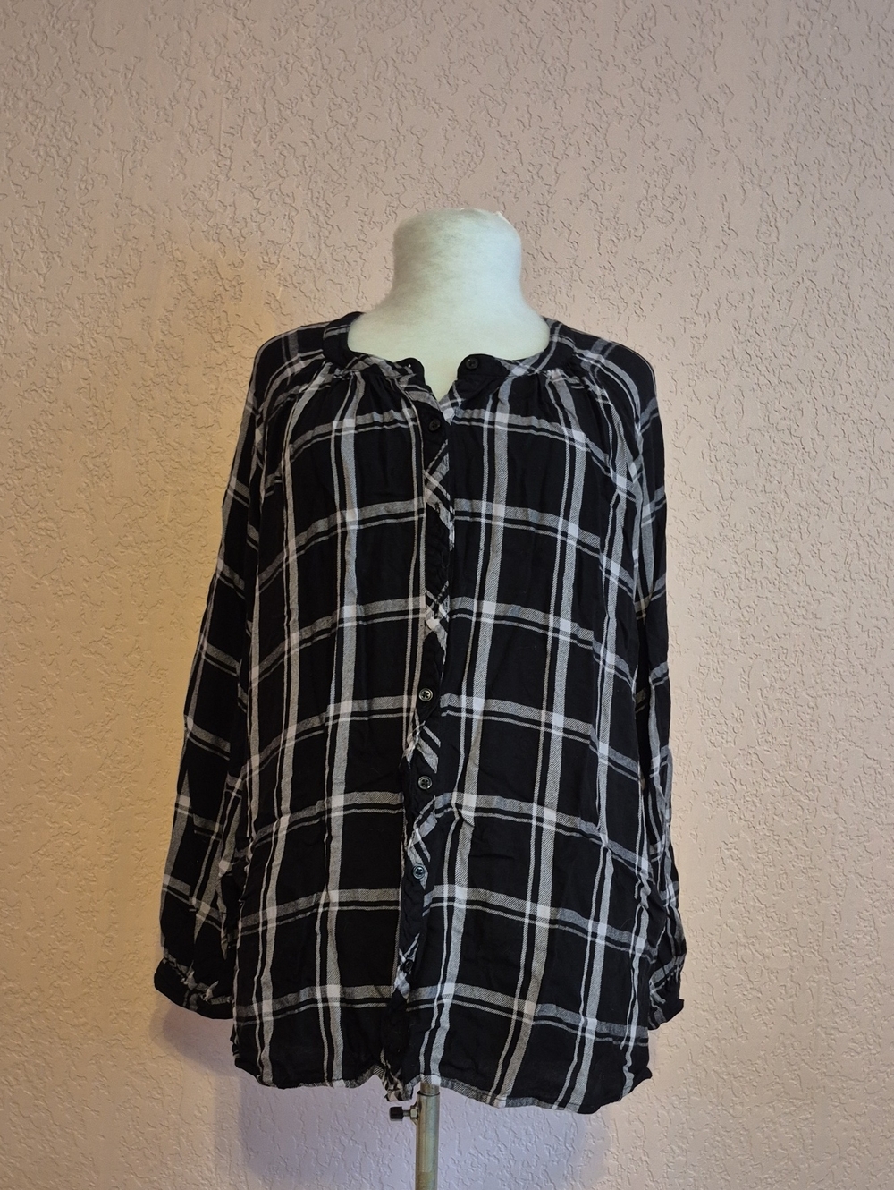 Black Plaid Button- Women's Top
